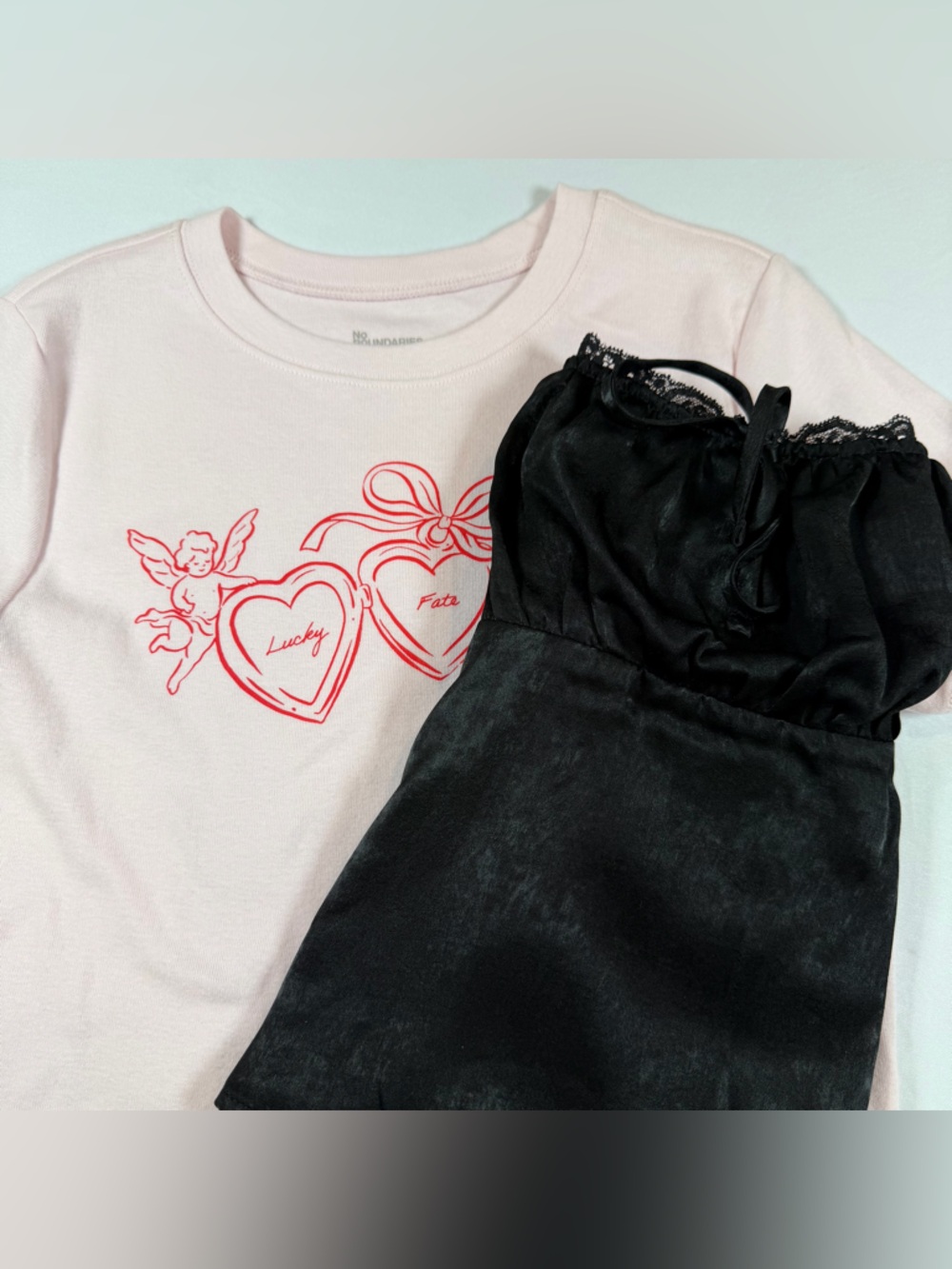BUNBLE! Pink Graphic Tee w/ Red Heart Print & Black Adj. Strap Satin Camisole